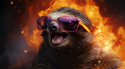 Sloth with glasses on fire, AI-Generated