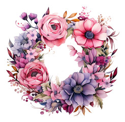 Watercolor illustration of floral pink wreath. Generative AI, png image.