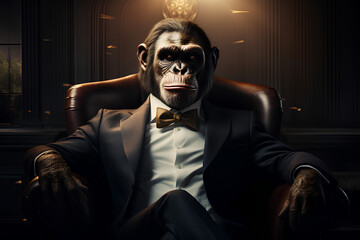 Ape in a suit, mafia boss vibes, mafia ape, cigar, bowtie, AI-Generated