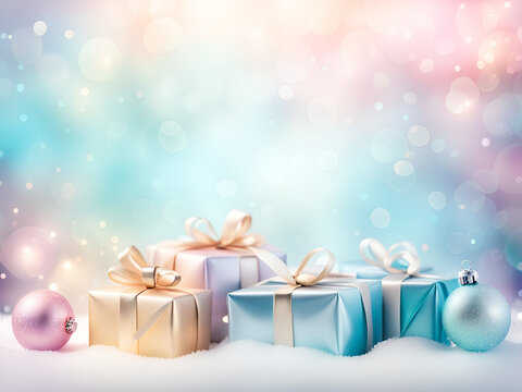 Stack of Christmas gifts in pastel colors. Background with copy space and bokeh.