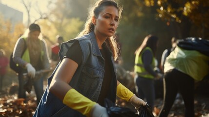 Portrait of woman and her Team of young volunteer worker group cleaning up garbage in forest