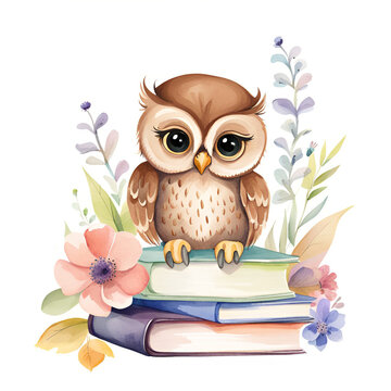 Watercolor painting of a cute little baby an owl sitting on a pile of books among flowers.