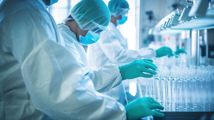 Scientists in lab coats at sterile environment of a tissue engineering lab