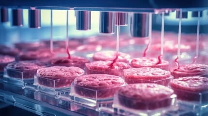 Transgenic meat. Bioreactors filled with cultured meat cells, showcasing the thriving tissue culture