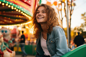 Image of a beautiful young happy woman outdoors on carousels.