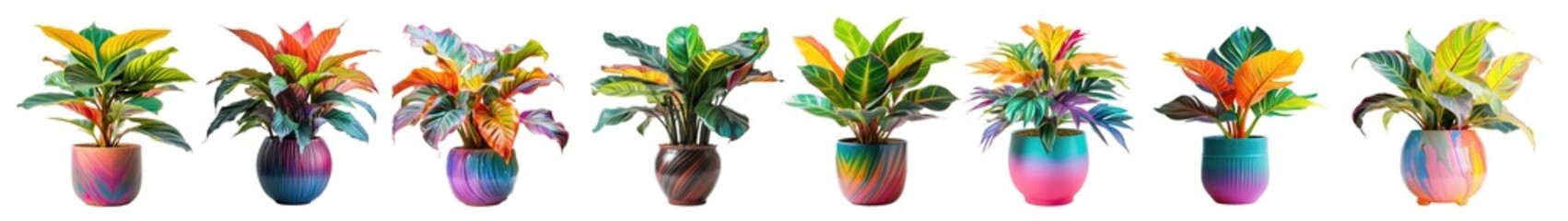 Collection of colorful potted indoor houseplants in various decorated pots, isolated on a transparent background. PNG, cutout, or clipping path	
