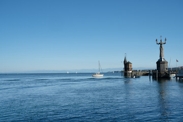 Harbour entrance of Konstanz with lighthouse and the statue of Imperia, Lake Constance (Bodensee)....