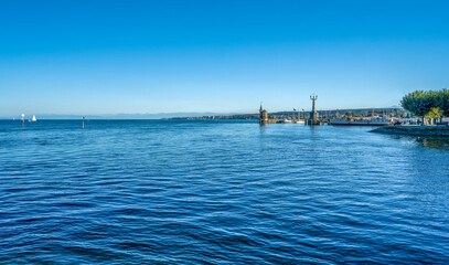 Harbour entrance of Konstanz with lighthouse and the statue of Imperia, Lake Constance (Bodensee)....