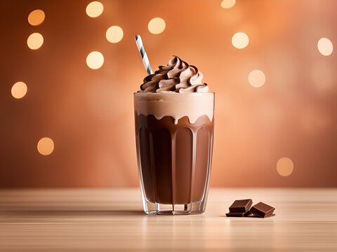 Chocolate milkshake on a wooden table. Background with copy space and bokeh.
