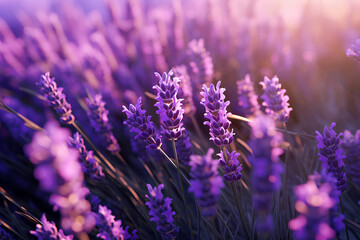 Close-up on a field of lavender, bright sunlight, AI-Generated