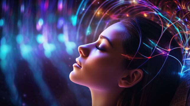 Measuring electrical activity of the human brain, electroencephalography (EEG) process , showing patterns of activity,  neurons