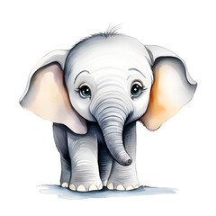 Watercolor painting of a cute little baby elephant.