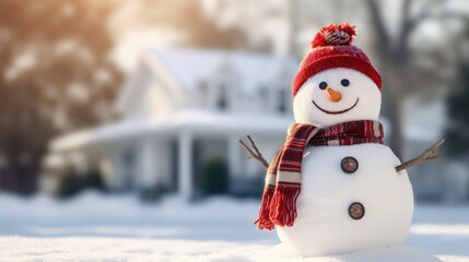 Smiling snowman in front of the house on a winter day - obrazy, fototapety, plakaty