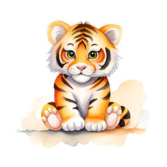 Watercolor painting of a cute little baby tiger.