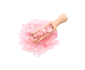 Obraz na płótnie Canvas Wooden scoop with pink sea salt isolated on white, top view