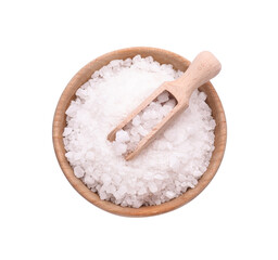 Fototapeta na wymiar Bowl with natural sea salt and wooden scoop isolated on white, top view