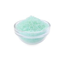 Glass bowl with turquoise sea salt isolated on white