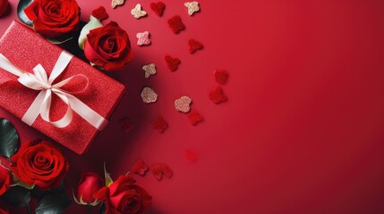 Valentine's Day, gifts roses and confetti on red background