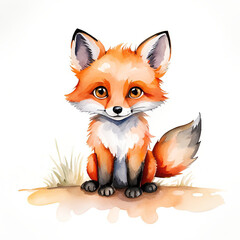 Fototapeta premium Watercolor painting of a cute little baby fox.