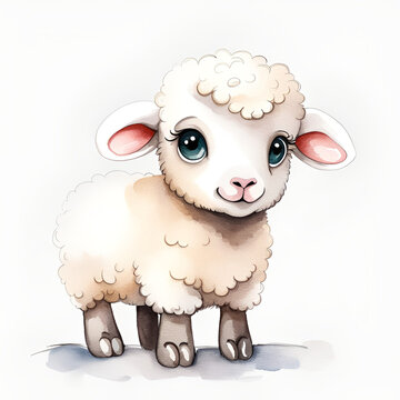 Watercolor painting of a cute little baby sheep

