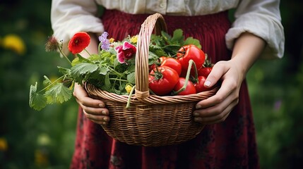 Woman's hands holding wicker basket with freshly picked homegrown produce - obrazy, fototapety, plakaty