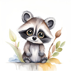 Watercolor painting of a cute little baby raccoon.