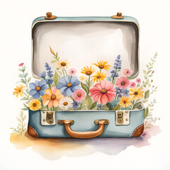 Vintage watercolor painting of a suitcase with flowers.