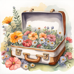 Vintage watercolor painting of a suitcase with flowers.