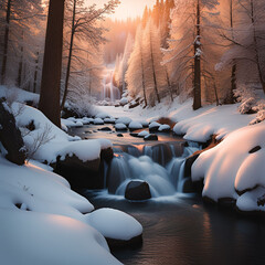 Winter landscape with stream and small waterfall among woods.