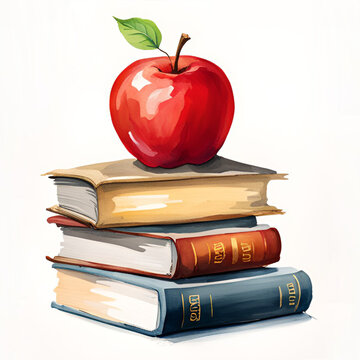 Vintage watercolor painting of an apple on a pile of books.