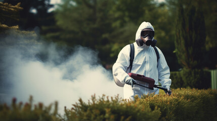 A guy from the pest control service in a mask and a white protective suit sprays poisonous gas