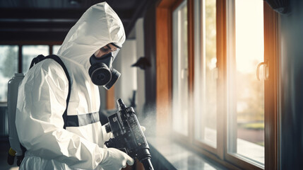 A guy from the pest control service in a mask and a white protective suit sprays poisonous gas - obrazy, fototapety, plakaty