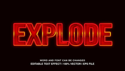 Explode editable text effect template, 3d neon light red glossy style typeface, premium vector