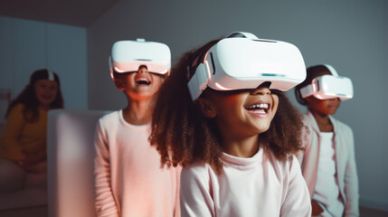 a photo of group kids playing together with virtual reality headsets in a white but dark gaming room with enhanced visibility