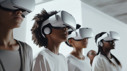 a photo of group kids playing together with virtual reality headsets in a white but dark gaming room with enhanced visibility