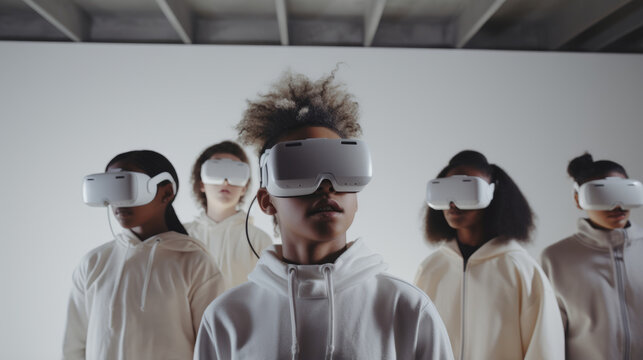a photo of group kids playing together with virtual reality headsets in a white but dark gaming room with enhanced visibility