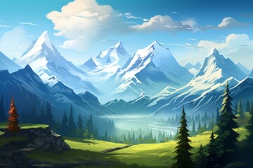 A snow-capped mountain range with evergreen forests, showcasing the beauty of untouched wilderness.