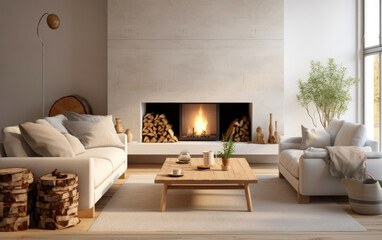 Scandinavian living room with a fireplace, a sofa and a coffee table. Generative AI