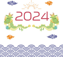 2024年賀状素材　龍のイラスト2_11　青海波と2匹のポップな龍