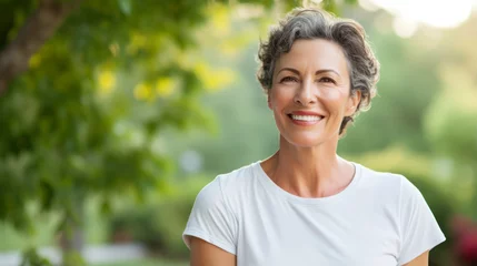 Foto op Plexiglas Close up of a 50s middle age woman smiling and wearing a white t-shirt on a outdoor background © standret