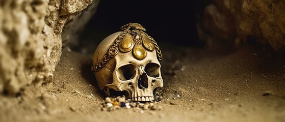 Ancient remnant of a human skull buried in a dusty sandstone tomb, desert sand fills the grave, adorned with pearls and gemstone jewel treasures, final resting place of nobility uncovered.
