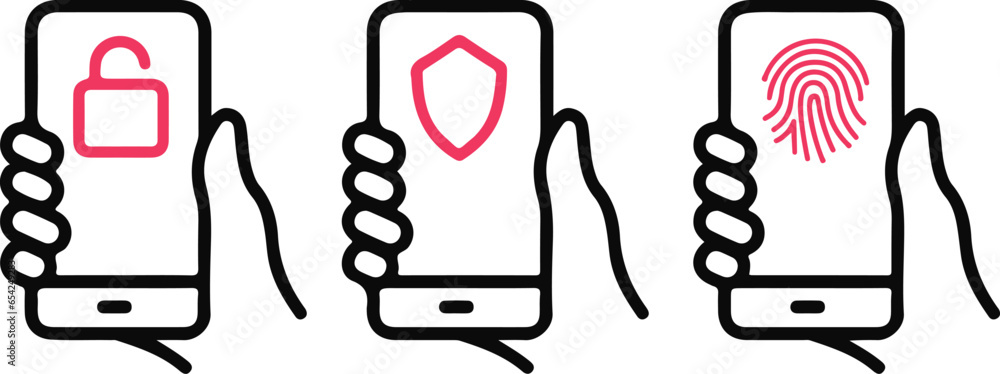 Aufkleber pixel perfect icon set of vector illustrations of a hand holding a smartphone with shield, lock, and