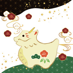 2024年賀状素材　龍のイラスト2_28　和柄の梅の背景と白の張子の龍