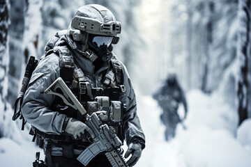 Portrait of a special forces soldier with assault rifle in winter forest - obrazy, fototapety, plakaty