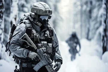 Poster Portrait of a special forces soldier with assault rifle in winter forest © ardanz