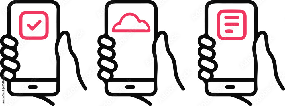 Aufkleber pixel perfect icon set of vector illustrations of a hand holding a smartphone with a duty check icon