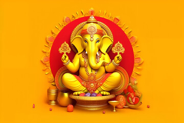 Idol of Lord Ganesha on yellow background. Happy Ganesha festival. Statue of an Indian god with the head of an elephant with one tusk