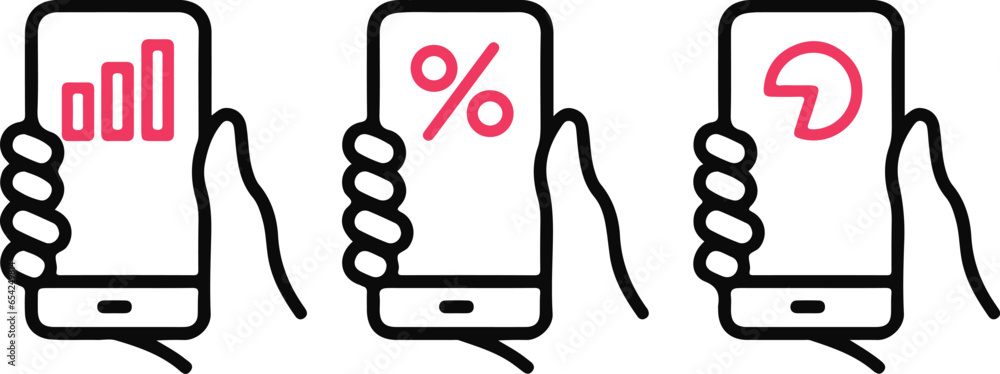 Aufkleber pixel perfect icon set of vector illustrations of a hand holding a smartphone with finance applicati