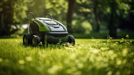 A robot lawnmower cuts grass in garden