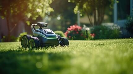 A robot lawnmower cuts grass in garden